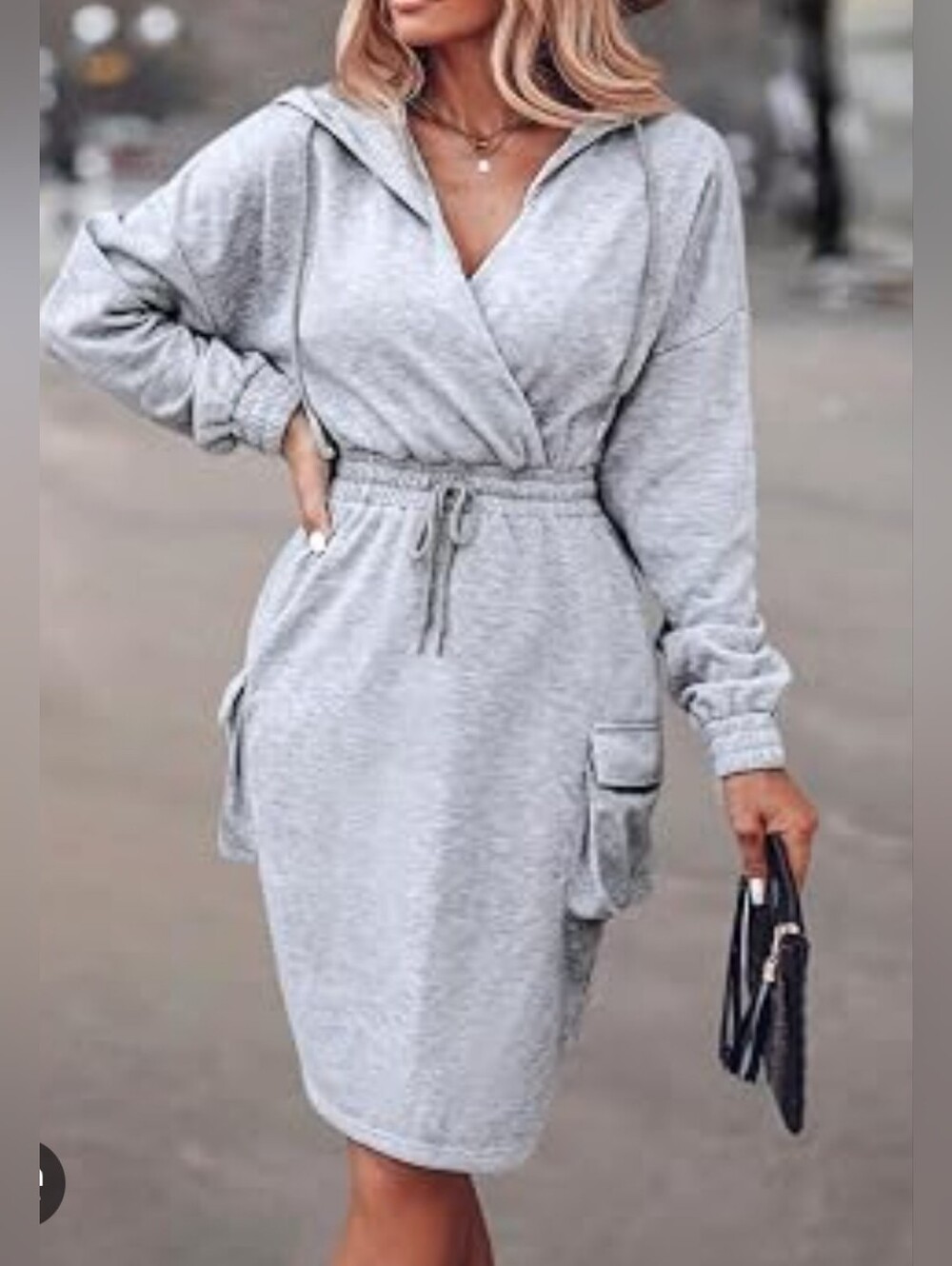 Hooded V Neck Lounge Dress - Light Gray XL